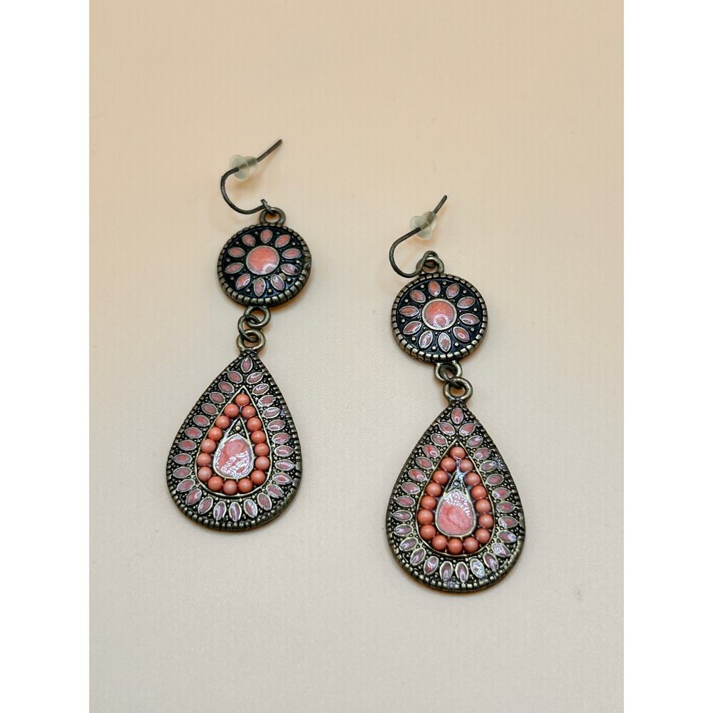 Bright Orange Dangle Earrings Southwest Style Teardrop Dangle Brass Tone 2.5”